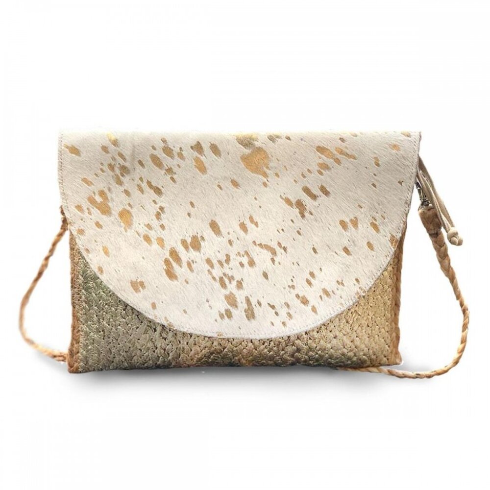 Crossbody Bag - Raffia and leather gold splattered purse